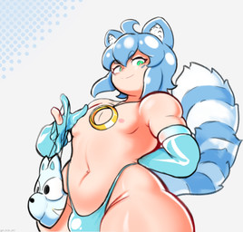 armwear blue_hair clothing elbow_gloves femboy gesture gloves green_eyes hair hand_gesture handwear jewelry looking_at_viewer male necklace nipples pink_nipples ring simple_background solo thong underwear white_background p_ror_art fan_character izaraku_(p_ror_art) animal_humanoid canid canid_humanoid canine canine_humanoid humanoid mammal mammal_humanoid tanuki_humanoid digital_media_(artwork)