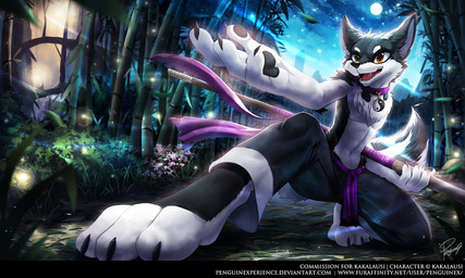 3_toes anthro bamboo barefoot black_body black_bottomwear black_claws black_clothing black_fur black_pants black_pawpads black_tail bottomwear claws clothed clothing collar fangs feet finger_claws fur glistening glistening_eyes kneeling male moon night on_one_knee open_mouth orange_eyes outside pants pawpads paws purple_collar red_tongue sky solo star tail teeth text toes tongue topless white_body white_fur white_tail wind penguinexperience canid canine canis domestic_dog mammal 5:3 full-length_portrait portrait signature url