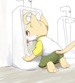 anthro blush bodily_fluids genital_fluids kneeling licking licking_urinal male solo tongue tongue_out urinal urine young young_anthro catfox22 tee-kun_(catfox22) hi_res