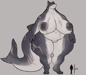 abdominal_scar anthro arm_scar belly big_belly big_breasts big_nipples breast_scar breasts dark_nipples duo facial_scar female genital_scar genitals gills grey_body huge_breasts leg_scar looking_at_viewer macro navel nipples overweight overweight_female scar scars_all_over silhouetted_body tail_scar vulva white_body wide_hips thecoatl034 fish mackerel_shark marine megalodon prehistoric_species shark 2024