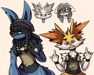 accessory anthro chest_tuft clothing dreadlocks duo fur hat headgear headwear heterochromia inner_ear_fluff male piercing spikes spikes_anatomy tuft dimejeff nintendo pokemon braixen generation_4_pokemon generation_6_pokemon lucario pokemon_(species) hi_res