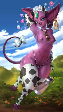 3_eyes animal_print anthro armwear big_ears breasts clothed clothing cow_print cowbell curvy_figure female flat_belly hairless hourglass_figure legwear multi_eye nipple_piercing nipples object_between_breasts panties piercing skinny small_breasts small_waist solo thick_thighs tongue tongue_out topless underwear wide_hips longinius vest_(artist) sammy_(buxbi) domestic_cat felid feline felis hairless_cat mammal sphynx_(cat) absurd_res artist_collaboration hi_res