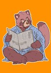 anthro eyewear glasses humanoid_hands kemono male newspaper reading simple_background sitting slightly_chubby solo figaro_(artist) canid canine mammal raccoon_dog tanuki 2013