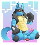 abs anthro balls biceps big_balls erection genitals humanoid_genitalia humanoid_penis looking_at_viewer male muscular muscular_male pecs penis pokeball posed sitting smile smiling_at_viewer solo standard_pokeball deerrobin nintendo pokemon generation_4_pokemon lucario pokemon_(species) 2022 hi_res