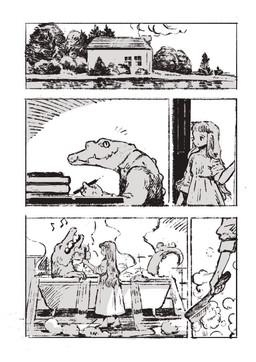 anthro back_spikes bath bathing bathroom book brush brushing bubble building chimney clothing desk dress duo eyes_closed female furniture hair long_hair male musical_note musical_symbol open_mouth pen plant rolled_up_sleeves shrub smoke spikes spikes_(anatomy) steam surprised symbol table tile topwear tree vest water window writing_utensil rt0no crocodile crocodilian human mammal reptile scalie black_and_white comic digital_drawing_(artwork) digital_media_(artwork) monochrome