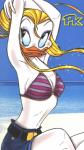 anthro arms_above_head beach beak bikini biped black_eyes blonde_hair bottomwear breasts cleavage clothed clothing detailed_background female hair long_hair looking_back looking_up makeup navel non-mammal_breasts open_mouth outside pose sand seaside shorts side_boob sitting sky solo swimwear two-piece_swimsuit water white_body white_skin claudio_sciarrone disney lyla_lay anatid anseriform avian bird duck hi_res official_art source_request