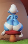 big_butt blue_body butt clothed clothing looking_away male sitting solo tail thick_thighs wide_hips oldsoup the_smurfs humanoid smurf 2022 3d_(artwork) digital_media_(artwork) hi_res