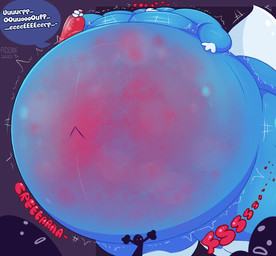 belly beverage big_belly bloated blue_body burping close_to_bursting creaking glug huge_belly hyper hyper_belly hyper_inflation implied_popping inflation motion_lines onomatopoeia purple_background red_text simple_background soda sound_effects speech_bubble text white_text addde herry_(addde) 2022 absurd_res artist_name dated hi_res signature