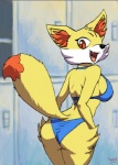 amber_eyes anthro anthrofied bikini breasts butt canid canine cheek_tuft clothed clothed_anthro clothed_female clothing dipstick_tail eyelashes facial_tuft fangs female female_anthro fennekin fur generation_6_pokemon inner_ear_fluff leg_tuft mammal markings nintendo open_mouth pokemon pokemon_(species) pokemorph poopysocks9 red_eyes red_inner_ear_fluff skimpy solo swimwear tail tail_markings teeth thigh_tuft tuft two-piece_swimsuit yellow_body yellow_fur