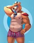 anthro barazoku belly blue_pattern boxers_(clothing) brown_body bulge clothing ear_piercing fur hair hat headgear headwear looking_at_viewer machine male musclegut muscular muscular_anthro muscular_male nipples orange_body orange_fur overweight overweight_male pecs piercing simple_background smile solo underwear snowhund five_nights_at_freddy's five_nights_at_freddy's:_security_breach scottgames steel_wool_studios glamrock_freddy animatronic bear canid canine canis mammal robot absurd_res digital_media_(artwork) hi_res