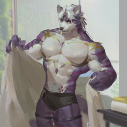 anthro black_bottomwear black_clothing black_nose black_underwear bottomwear clothed clothing front_view fur hair male male_anthro markings mouth_closed muscular muscular_anthro muscular_male pecs purple_body purple_fur purple_markings solo standing striped_arms striped_legs topless underwear white_body white_fur white_hair yellow_eyes yellow_markings awaldkize canid canine mammal 1:1 2024 absurd_res dated hi_res portrait signature three-quarter_portrait