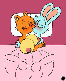 anthro big_breasts blue_body blue_fur blush breasts bulge countershade_breasts countershading curvy_figure detailed_bulge duo erection eyelashes eyes_closed femboy fur genital_outline gynomorph gynomorph/male hourglass_figure intersex intersex/male kissing logo male nipples notched_ear orange_body orange_fur penis_outline pillow spherical_breasts text thick_thighs wide_hips thatdawgmurray disney kiff_(series) barry_buns kiff_chatterley lagomorph leporid mammal rabbit rodent sciurid tree_squirrel aliasing artist_logo artist_name digital_media_(artwork) hi_res signature