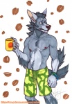 2015 5_fingers airu anthro armband athletic athletic_anthro athletic_male beverage biped bottomwear canid canine canis claws clothed clothing coffee coffee_mug container cup facial_piercing fingers food fur grey_body grey_fur holding_container holding_cup holding_object lip_piercing looking_aside male mammal mythological_canine mythological_creature mythology navel nipples nose_piercing nose_ring piercing ring_piercing septum_piercing shorts solo standing teal_eyes topless traditional_media_(artwork) were werecanid werecanine werewolf wolf