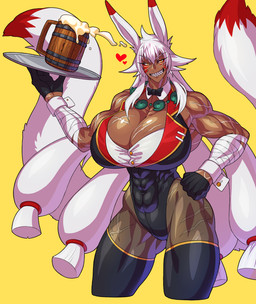 2_tails abs alcohol bandage beer beverage biceps big_breasts big_muscles bodypaint bow_(feature) bow_tie breasts brown_body brown_skin bunny_costume cleavage clothed clothing container costume cuff_(restraint) cup dark_body dark_skin dipstick_ears dipstick_tail ear_markings face_paint facial_scar female gloves grin hair handwear heart_symbol holding_object huge_breasts legwear leotard long_hair markings mole_(marking) multi_tail multicolored_ears multicolored_tail muscular muscular_female muscular_humanoid navel ponytail red_ear_tips restraints scar sharp_teeth smile solo tail tail_markings teeth thigh_highs tight_clothing tights white_hair wrist_cuffs yellow_eyes hutago dantera_zena animal_humanoid canid canid_humanoid canine canine_humanoid humanoid mammal mammal_humanoid wolf_humanoid hi_res