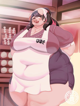 anthro apron belly big_breasts black_hair blush bottomwear breasts brown_bottomwear brown_clothing brown_shirt brown_skirt brown_topwear cleavage clothed clothing door eyelashes female female_anthro hair half-closed_eyes huge_breasts huge_thighs inside long_hair narrowed_eyes navel open_mouth overweight overweight_anthro overweight_female pink_body pink_hair pink_skin shirt skirt smile standing thick_thighs topwear white_apron white_clothing wide_hips sasanoha6011 nanako_(sasanoha6011) domestic_pig mammal suid suine sus_(pig) hi_res