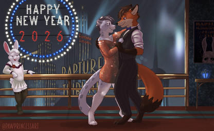 anthro biped bulge clothed clothing crossdressing dancing femboy fur grey_body grey_fur group holidays male male_anthro markings masquerade party rapture_(bioshock) red_body red_fur spots spotted_body spotted_fur text trio white_body white_fur pawprincess plasmid 2k_games bioshock new_year milo_(depressedlgbtkiwi) rk_(pawprincess) usins_(pawprincess) canid canine felid feline fox lagomorph leporid mammal pantherine rabbit red_fox snow_leopard true_fox 2026 absurd_res english_text hi_res