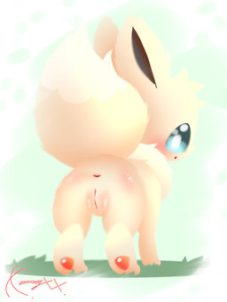 anus blue_eyes blush brown_inner_ear dipstick_tail female female_feral feral fur genitals grass green_background humanoid_genitalia humanoid_genitalia_on_feral humanoid_vulva humanoid_vulva_on_feral innie_vulva looking_at_viewer looking_back markings neck_tuft open_mouth paws pink_anus pink_vulva plant rear_view simple_background solo standing tail tail_markings tuft vulva white_body white_ears white_fur white_tail white_tail_tip conditional_dnp xammyxx nintendo pokemon eevee generation_1_pokemon pokemon_(species) shiny_pokemon 2026 3:4 digital_media_(artwork) english_description hi_res ibispaint_(artwork) lineless shaded signature watermark