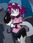 anthro blue_eyes bottomwear clothed clothing female fully_clothed fur hair holding_object holding_umbrella outside pink_hair pink_nose pupils raining red_pupils shirt shorts smile solo standing topwear umbrella water white_body white_fur mewgle canvas_(mewgle) domestic_cat felid feline felis mammal 2020 digital_media_(artwork) shaded