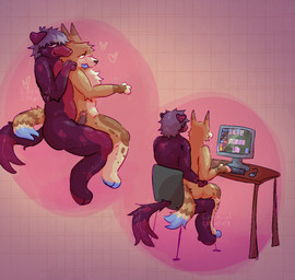andromorph andromorph/male anthro bedroom_eyes blue_hair bodily_fluids brown_eyes butt chair computer computer_keyboard computer_mouse desk drooling duo electronics fur furniture gaming gaming_while_penetrated genitals hair heart_symbol hip_grab holding_shoulder humanoid_genitalia humanoid_penis intersex intersex/male male markings narrowed_eyes nude on_lap penetration penis pink_eyes purple_body purple_fur saliva seductive sex shoulder_grab side_view sitting_on_another sitting_on_lap smile spots striped_markings striped_tail stripes table tail tail_markings tan_body tan_fur text three-quarter_view vaginal vaginal_penetration waist_grab x-ray_view chemicalcreature balatro wade_(chemicalcreature) west_(chemicalcreature) canid canine canis domestic_dog mammal 2025 artist_name colored digital_media_(artwork) shaded signature watermark trans_(lore) trans_man_(lore)