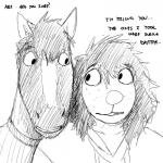 1:1 black_and_white bodily_fluids canid canine canis clothed clothing comic creepy dialogue domestic_dog duo english_text equid equine female hi_res hladilnik horse looking_at_another male mammal michelle_(hladilnik) monochrome scared simple_background sketch sweat text white_background will_(hladilnik) zebra