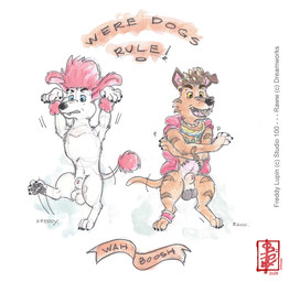accessory action_pose animal_genitalia balls canine_genitalia dreamworks_forgotten_island duo feral floppy_ears genitals head_hair headband jewelry knot_in_sheath lycanthropy male necklace pawpads paws penis pose sheath text fennec_(artist) 100_percent_wolf 200_percent_wolf dreamworks forgotten_island freddy_lupin_(100_percent_wolf) raww_(forgotten_island) canid canine canis domestic_dog mammal poodle werecanid werecanine werecreature weredog werepoodle painting_(artwork) traditional_media_(artwork) watercolor_(artwork)