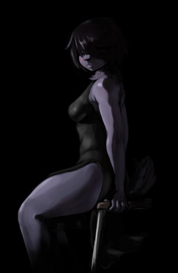 anthro big_butt biped black_background blue_eyes blush bobtail bottomless breasts butt chair clothed clothing dress female fur furniture glowing glowing_eyes happy looking_at_viewer muscular muscular_anthro muscular_female neck_tuft side_boob simple_background sitting smile solo speaker thick_thighs tuft wide_hips takeo_s samantha_s felid feline hybrid lynx mammal mustelid otter absurd_res hi_res