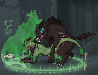 all_fours anal anal_penetration anthro backsack balls bestiality big_teeth bodily_fluids body_writing book boots candle cave cave_background claws clothing cum cum_in_ass cum_inside cum_puddle drooling ectoplasm_drip feral footwear genital_fluids genitals gloves group handwear horn male male/male multi_eye oral oral_penetration penetration ritual_circle saliva saliva_string shoes sigils spellbook tail tongue tongue_around_neck tongue_out trio ricthecusco ludwig_the_sergal mortuus ghost monster sergal spirit hi_res