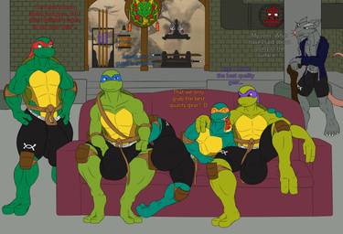 anthro balls belt big_balls big_bulge big_penis bottomwear bulge bulge_size_difference clothing detailed_bulge flaunting food furniture genitals group huge_balls huge_bulge huge_penis hyper hyper_balls hyper_bulge hyper_genitalia hyper_penis knee_up looking_at_viewer male ninja penis pizza relaxing shorts sofa spread_legs spreading teasing teasing_viewer tight_bottomwear tight_bulges tight_clothing tight_shorts tight_underwear underwear warrior conditional_dnp samagthrav2 teenage_mutant_ninja_turtles under_armour donatello_(tmnt) krang leonardo_(tmnt) master_splinter michelangelo_(tmnt) raphael_(tmnt) mammal murid murine rat reptile rodent scalie turtle hi_res