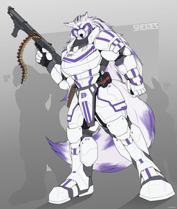 5_fingers anthro armor big_breasts biped breasts female fingers fur gun holding_gun holding_object holding_ranged_weapon holding_weapon ranged_weapon solo tail weapon corrsk sheres canid canine canis mammal wolf hi_res