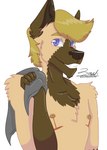 anthro blonde_hair brown_body brown_fur cheek_tuft chest_tuft chin_tuft facial_tuft fur gloves_(marking) hair holding_object looking_at_viewer male markings mastectomy_scar nipples object_on_shoulder purple_eyes scar shirtless shirtless_male smile solo tan_body tan_fur towel tuft visibly_trans zer0rebel4 jackson_(zer0rebel4) canid canine canis domestic_dog german_shepherd herding_dog hybrid mammal pastoral_dog wolf 2022 absurd_res colored digital_drawing_(artwork) digital_media_(artwork) half-length_portrait hi_res portrait shaded trans_(lore) trans_man_(lore)