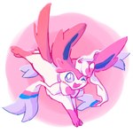 ambiguous_gender blue_eyes blush blush_lines bow_(anatomy) feral fur looking_at_viewer one_eye_closed open_mouth paws pink_body pink_fur ribbons_(anatomy) simple_background solo tail text white_body wink winking_at_viewer astella1204 nintendo pokemon eeveelution generation_6_pokemon pokemon_(species) sylveon 1:1 2025 japanese_text signature