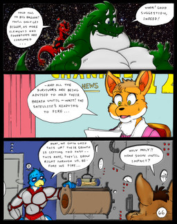 anthro dialogue female giga group heart_symbol macro male muscular muscular_female muscular_male news news_report size_difference space speech_bubble spikes spikes_(anatomy) text dnapalmhead redsaber third-party_edit mythology avian bird canid canine canis domestic_dog dragon kangaroo macropod mammal marsupial mythological_creature mythological_scalie scalie comic english_text