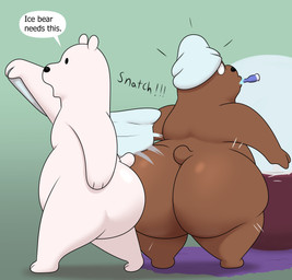 anthro big_butt black_eyes black_nose brown_body brown_fur brown_tail brush butt duo exclamation_point fur holding_object holding_towel huge_butt inside male mirror obese obese_anthro obese_male overweight overweight_anthro overweight_male short_tail speech_bubble standing surprised tail text thick_thighs toothbrush toothpaste towel towel_on_head walking white_body white_ears white_fur white_tail colossalstars cartoon_network we_bare_bears grizzly_(we_bare_bears) ice_bear_(we_bare_bears) bear brown_bear grizzly_bear mammal polar_bear ursine 2026 absurd_res digital_media_(artwork) english_text hi_res