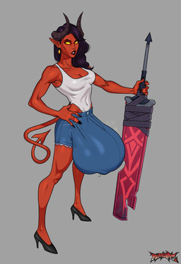 big_bulge black_hair black_lips bottomwear breasts bulge cleavage clothed clothing denim denim_bottomwear denim_clothing denim_shorts diamond_ear-rings ear_piercing ear_ring footwear genitals gynomorph hair hand_on_hip high_heels holding_object holding_weapon horn huge_bulge hyper hyper_bulge hyper_genitalia intersex leotard leotard_under_clothing leotard_under_shorts lips medium_breasts melee_weapon musk nails not_furry piercing pointed_tail red_body ring_piercing sharp_nails shoes shorts solo sword tail teeth weapon yellow_eyes redalarm dispatch malevola_gibb demon demon_humanoid horned_humanoid humanoid 2026 absurd_res digital_drawing_(artwork) digital_media_(artwork) full-length_portrait hi_res portrait