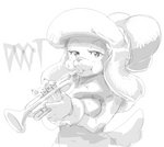 accessory anthro brass_instrument breasts claws eyelashes female hair_accessory half-closed_eyes looking_at_viewer musical_instrument narrowed_eyes pawpads playing_music solo sound_effects trumpet wind_instrument actionbastardvirginblstr canid canine canis domestic_dog mammal poodle monochrome