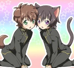 asian_clothing blush cheek_to_cheek clothing crouching duo east_asian_clothing gakuran green_eyes japanese_clothing japanese_school_uniform male purple_eyes school_uniform symmetry tail uniform y2k_(graphic_design) young punchiki code_geass kururugi_suzaku lelouch_lamperouge animal_humanoid canid canid_humanoid canine canine_humanoid canis cat_humanoid dog_humanoid domestic_dog felid felid_humanoid feline feline_humanoid humanoid mammal mammal_humanoid