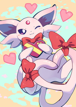 :3 ambiguous_gender blush blush_lines feral forked_tail heart_symbol holding_object lying on_back one_eye_closed pink_body pink_bow purple_eyes quadruped smile solo tail unusual_anatomy unusual_tail komanyachi nintendo pokemon eeveelution espeon generation_2_pokemon pokemon_(species) absurd_res colored digital_drawing_(artwork) digital_media_(artwork) hi_res shaded
