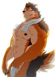 abs anthro brown_body brown_fur brown_nipples butt chest_tuft countershade_arms countershade_face countershade_legs countershade_torso countershading fluffy fluffy_tail front_view fur looking_at_viewer male multicolored_body multicolored_fur muscular muscular_anthro muscular_male nipples nude one_eye_closed orange_body orange_fur pecs simple_background solo tail tan_body tan_countershading tan_fur towel towel_around_neck tuft white_background wink samoji lifewonders live_a_hero barrel_(live_a_hero) canid canine canis mammal wolf 2022 hi_res portrait three-quarter_portrait