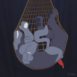 animal_genitalia animal_penis anthro black_body black_fur blue_body blue_fur bodily_fluids canine_genitalia canine_penis captured clenched_eyes clenched_teeth cum eyes_closed fur genital_fluids genitals knot knotted_penis leaking_cum male net nude_anthro nude_male penis solo teeth rynnks kinktober_2025 nintendo pokemon generation_4_pokemon pokemon_(species) riolu 1:1 2025 digital_drawing_(artwork) digital_media_(artwork) hi_res