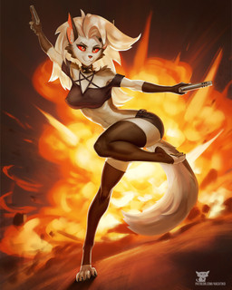 anthro arm_tuft clothed clothing collar explosion eyebrow_piercing eyebrows facial_piercing female fingers gun hair holding_gun holding_object holding_ranged_weapon holding_weapon legwear navel piercing ranged_weapon red_sclera shoulder_tuft solo spiked_collar spikes tail tuft weapon hacatiko hellaverse helluva_boss mythology loona_(helluva_boss) canid canid_demon canine demon hellhound mammal mythological_canine mythological_creature 2022 4:5 digital_media_(artwork) hi_res
