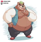 anthro bare_chest belly body_hair brown_body brown_fur chest_hair cigarette eyebrows fur green_hair hair male musclegut muscular navel nipples pecs smoking solo thick_eyebrows stompsyeen lifewonders tokyo_afterschool_summoners ashigara_(tas) bear mammal hi_res