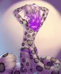 abstract_background anthro biped clothed clothing femboy fluffy fluffy_tail fur grey_body grey_fur grey_tail hair hands_behind_head heart_symbol leopard_spots long_hair looking_at_viewer looking_back male multicolored_body multicolored_fur multicolored_hair multicolored_tail panties pink_nose purple_clothing purple_eyes purple_hair rear_view simple_background skimpy smile solo spots standing tail topless underwear white_body white_fur vallhound reyathae felid leopard mammal pantherine hi_res watermark