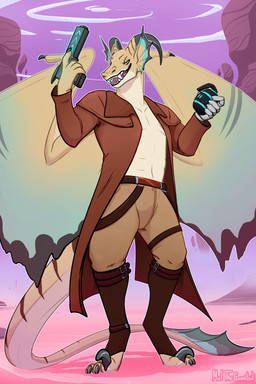 anthro athletic athletic_anthro athletic_male belt blue_eyes bottomwear clothing coat countershade_face countershade_neck countershade_tail countershade_torso countershading cybernetic_arm cybernetic_limb cybernetics detailed_background frill_(anatomy) grey_body holding_object holding_weapon horn looking_at_viewer machine male male_anthro membrane_(anatomy) membranous_wings open_mouth open_smile pants smile solo standing tail tan_body teeth tongue topwear weapon wings meldritchhorror mythology aerilios_(foxdragon) cyborg dragon mythological_creature mythological_scalie scalie 2019 2:3 absurd_res hi_res