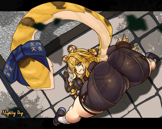 animal_ears animal_tail armwear ass_up big_butt black_armwear black_bottomwear black_clothing black_shorts blonde_hair blue_clothing blue_footwear blue_shoes bottomwear butt camel_toe clothed clothing fangs female footwear green_eyes hair high-angle_view huge_butt inner_ear_fluff looking_at_viewer looking_back looking_back_at_viewer rear_view shoes shorts socks solo stretching tan_body tan_skin teeth thick_thighs topwear tuft white_clothing white_footwear white_socks wide_hips yellow_clothing yellow_topwear nightlydayart ju_fufu animal_humanoid felid felid_humanoid humanoid mammal mammal_humanoid pantherine pantherine_humanoid thiren tiger_humanoid