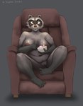 4_toes anthro areola auburn_eyes belly big_breasts breasts casual_nudity chair claws comfortable curvy_figure cutlery dessert feet female food fur furniture genitals grey_background grey_body grey_fur huge_breasts ice_cream kitchen_utensils navel nude overweight overweight_anthro overweight_female plantigrade pussy sharp_teeth simple_background sitting smile solo spoon spread_toes teeth text toes tools voluptuous whiskers wide_hips xmobile steph_(xmobile) mammal procyonid raccoon absurd_res english_text hi_res