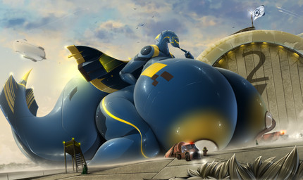 aircraft areola big_breasts big_butt big_tail biped blue_body blue_tail breasts building butt cloud female fingers flag grin group huge_breasts hyper hyper_breasts kneeling machine macro markings milking_machine multi_eye multicolored_body nipples nude nude_female side_view sky smile solo_focus tail thick_thighs vehicle wide_hips wings yellow_sclera drakonst aeromorph humanoid living_aircraft living_machine living_vehicle 2025 digital_drawing_(artwork) digital_media_(artwork) digital_painting_(artwork) hi_res painting_(artwork) shaded soft_shading