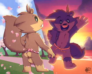 anthro backsack balls beach big_balls bottomwear brown_body butt cherry_blossom clothing flower fur genitals loincloth male open_mouth outside plant prunus_(flower) rear_view sand seaside shadow_play smile swimming_trunks swimwear tail tree underwear water nutty_bo bo_(nutty_bo) ground_squirrel mammal rodent sciurid tree_squirrel hi_res