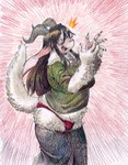 anthro biped black_hair bottomwear bottomwear_down breasts bulge claws clothed clothing covered_breasts emanata eyewear finger_claws fluffy fluffy_body fluffy_tail fur glasses green_clothing green_shirt green_topwear grey_body grey_fur gynomorph hair hair_down handpaw horn intersex long_ears long_hair open_mouth panties panties_bulge pants pants_down partially_clothed pattern_background pawpads paws raised_hands rectangular_glasses red_clothing red_panties red_underwear shirt simple_background solo surprised tail topwear underwear wearing_glasses chimeracauldron bovid caprine chimera goat mammal absurd_res colored_pencil_(artwork) hi_res portrait three-quarter_portrait traditional_media_(artwork) trans_(lore) trans_woman_(lore)