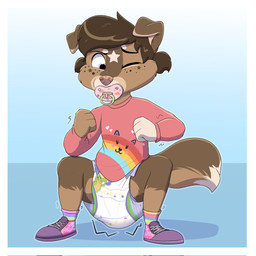 alphagatorz_(diaper) anthro clothed clothing crouching diaper feces female front_view pooping soiled_diaper soiling soiling_diaper solo unclean_diaper used_diaper using_diaper wearing_diaper young young_anthro baltnwolf abuniverse alphagatorz canid canine canis domestic_dog mammal 1:1 hi_res