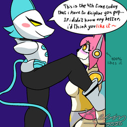against_surface against_wall anthro blue_hair blush dominant dominant_female duo female female/female hair machine pale_body pink_hair pinned pinned_to_wall speech_bubble text white_body yellow_eyes resin_n._q deltarune undertale_(series) tasque_manager darkner felid feline humanoid mammal robot robot_anthro 1:1 english_text hi_res